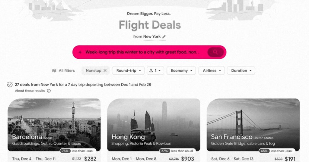 Інтерфейс інструменту Google Flight Deals із рядком для текстового запиту