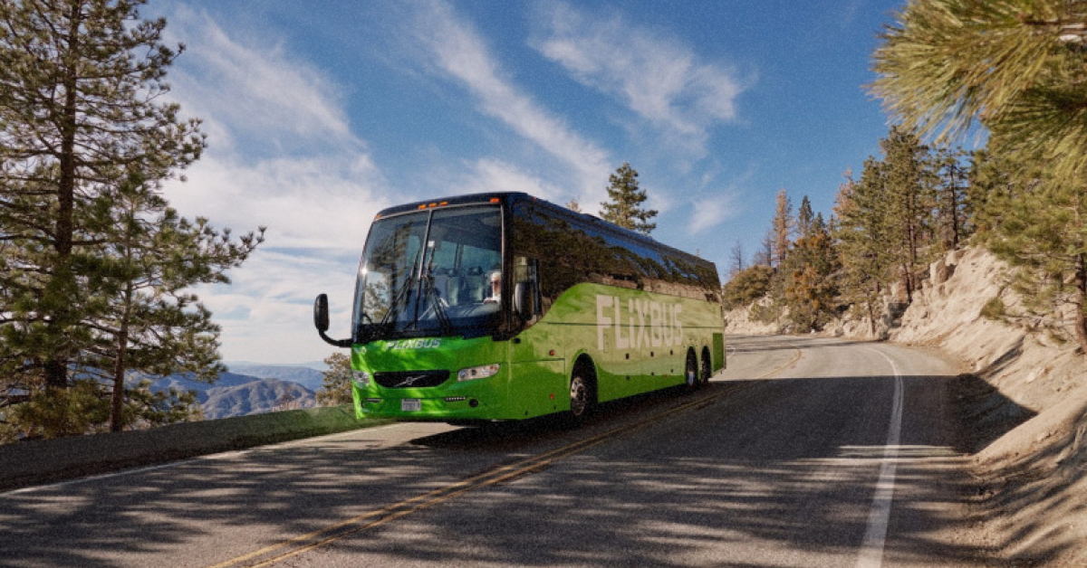 Зелений автобус FlixBus на дорозі взимку