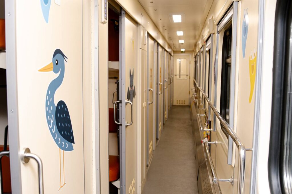 яскравий дизайн дитячого купе в поїзді Укрзалізниці з малюнками тварин