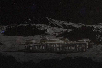 Футуристичний готель на поверхні Місяця з виглядом на Землю