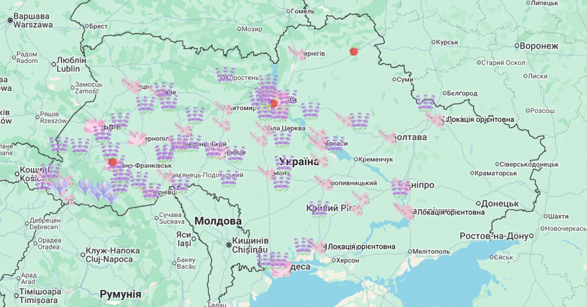"Інтерактивна мапа Google Maps із позначками квітучих локацій по всій Україні
