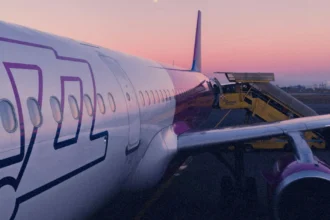 Літак Wizz Air на тлі яскравого вечірнього неба перед посадкою