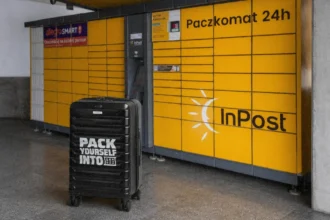 Мандрівник закладає велику валізу у комірку яскравого поштомату InPost у Польщі"
