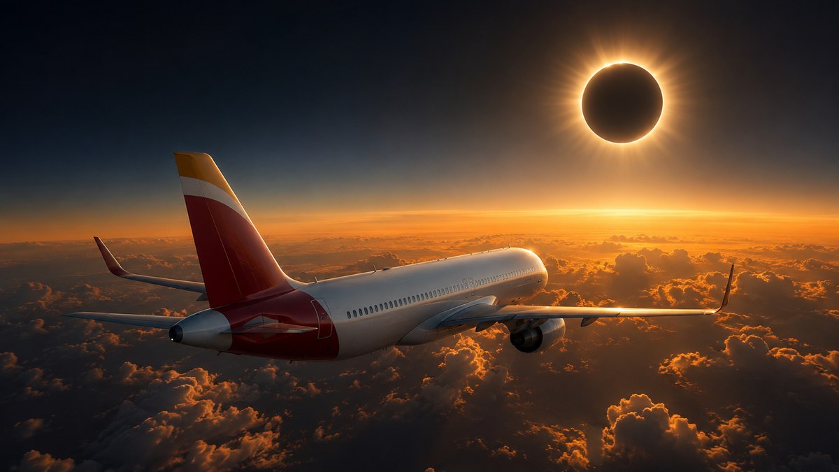 літак компанії iberia на тлі сонячного затмення